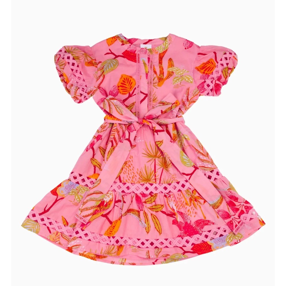J Marie Girls Dress Size 12 White Multicolor Print Puff Sleeve Smocked Tiered